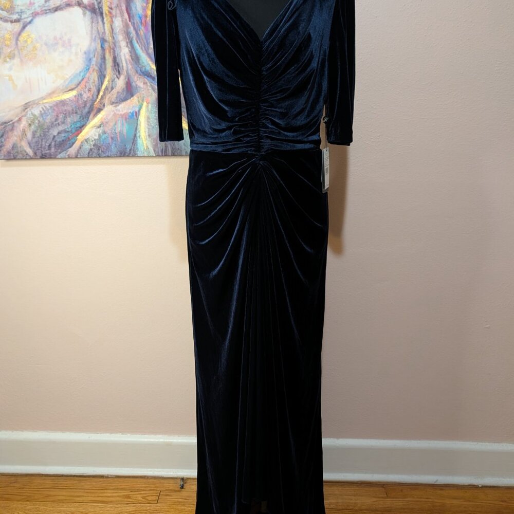 Navy Blue Velvet High-Low Dress Ruched V-Neck Wedding Guest Formal Cocktail Sz 8 - Picture 3 of 13